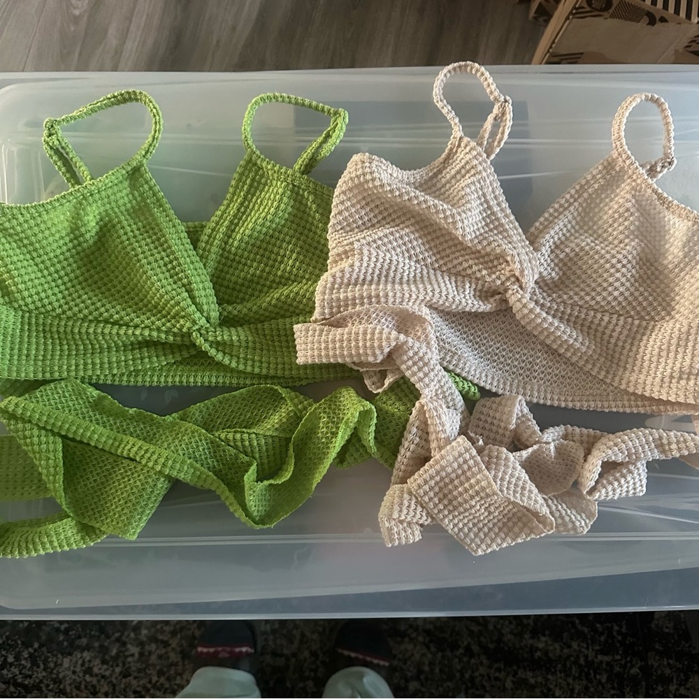 Green and Cream Textured crop top Set